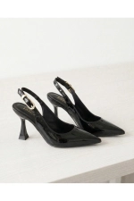Women Black Patent Pointed Toe Ankle Strap Heels Photograph-3
